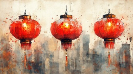 Three Red Lanterns Hanging Against a Cityscape Watercolor Painting