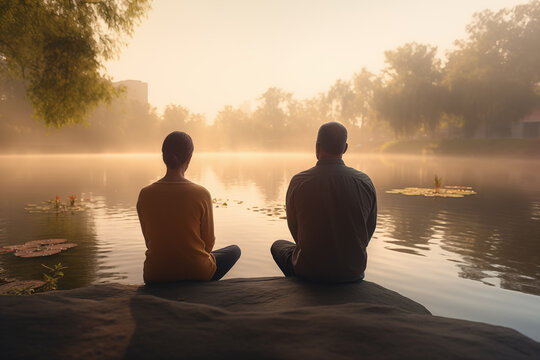 Serene Morning Meditation with Active Older Couple in Nature