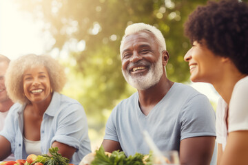 Group of Mature Friends Enjoying Picnic Together in Sunny Park