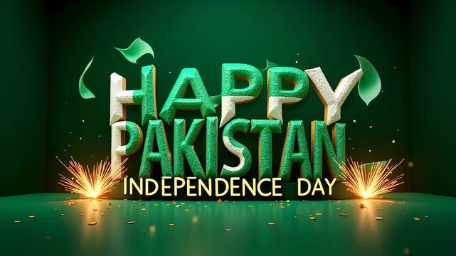 Happy pakistan independence day text with green and white color theme and sparklers effect - Powered by Adobe