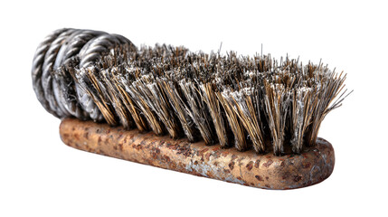  A Vintage, Rusty Brush with Natural Bristles Isolated on a White Background
