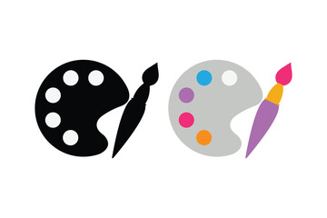 Flat Paint Brush and Color Palette Icon. Vector Art Tool Illustration on White Background. Silhouette