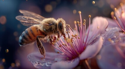Honeybee gathering pollen from a flowering cherry blossom in the springtime