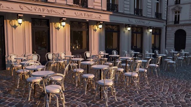 a quiet Parisian caf&eacute; terrace early morning, empty chairs and tables, soft light on cobblestones