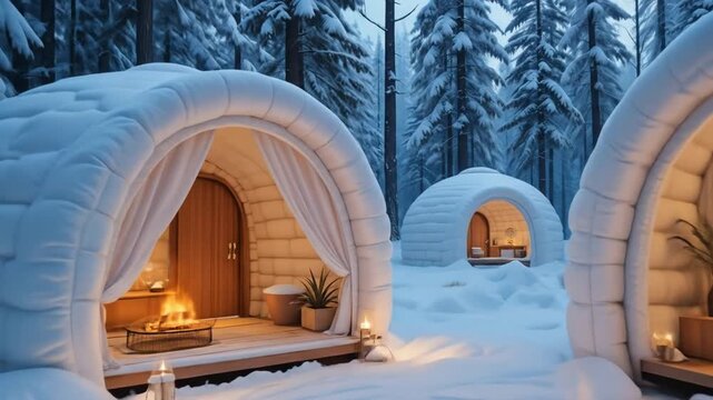 Snowy Forest With Glowing Igloo At Dusk Background. 4k video