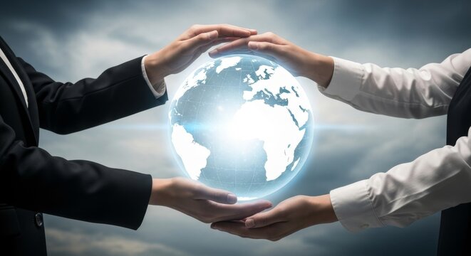 Two people hold a glowing digital globe with connections, symbolizing global business and collaboration