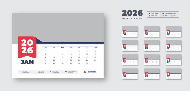 Desk calendar design template 2026 | New Year 2026 table calendar | Monthly planner in corporate and business style | 12 months included