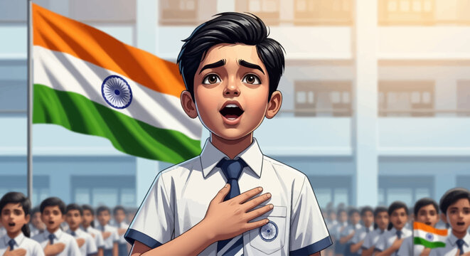 A young boy reciting the pledge with the Indian flag waving proudly behind him.