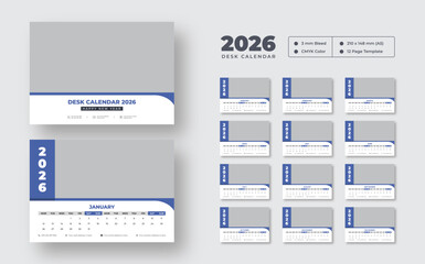 Editable desk calendar 2026 | 12-month table planner layout | print-ready vector template for office and personal organization use