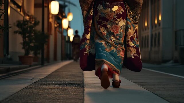 女性が冬の夜の街路で着物姿を調和歩む列風景