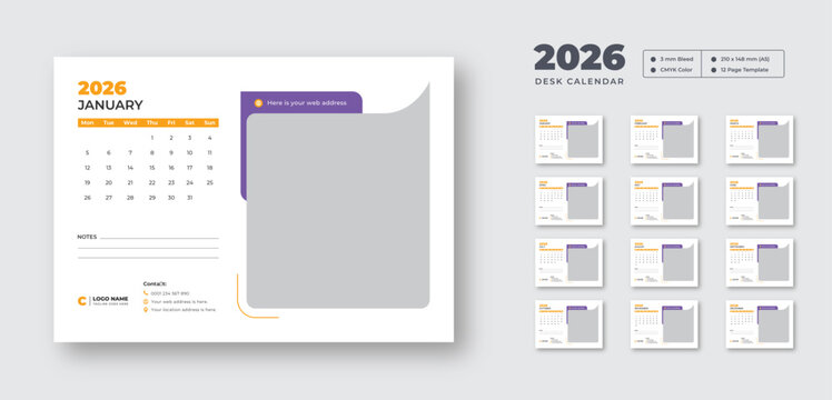 Editable desk calendar 2026 | 12-month table planner layout | print-ready vector template for office and personal organization use - Powered by Adobe