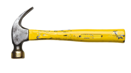 A Well-Used Yellow Claw Hammer Isolated on a White Background
