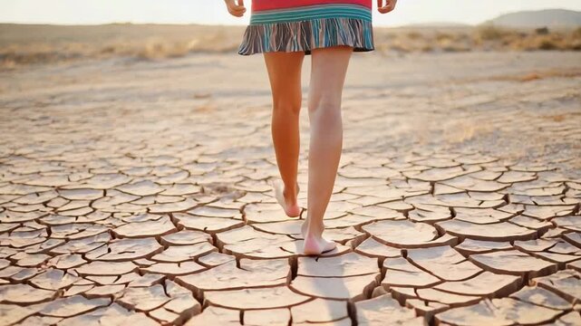 Barefoot Girl in Mini Skirt Walking on Cracked Ground Under Scorching Sun