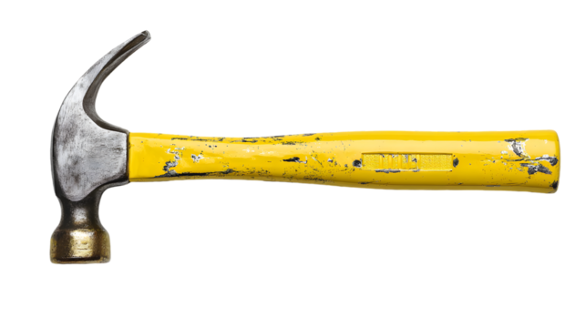 A Well-Used Yellow Claw Hammer Isolated on a White Background
