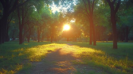 Obraz premium Sunlit path through a park at sunset.