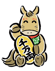 招き猫の格好をした干支の馬（午）　金運招福