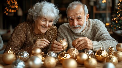 Senior couple decorating christmas ornaments together.