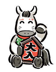 招き猫の格好をした干支の馬（午）　千客万来