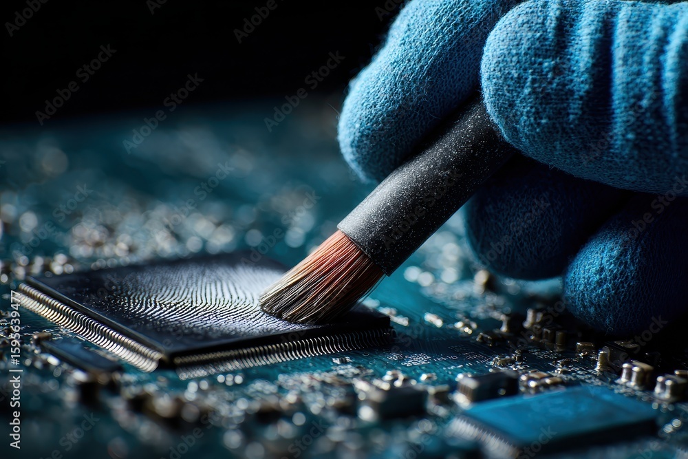 Aufkleber technician cleaning a chip on a circuit board with components in background