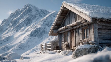 Scenic Wooden Cabin Nestled in Snow-Covered Mountains during the Winter Season