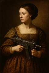 Renaissance painting woman portrait holding modern gun