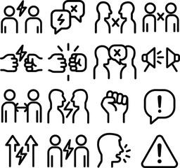 Fototapeta premium Minimalist Line Art Conflict and Aggression People Silhouette Icon Collection