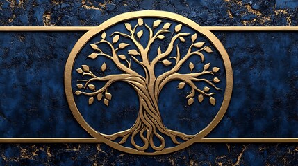 Gold tree of life symbol on a dark blue background.