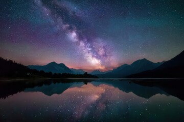 Milky way view over lake & mountain range with reflection used for wallpaper/backdrop