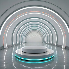 Obraz premium Monochromatic white display with a round pedestal centered beneath a series of elegant
