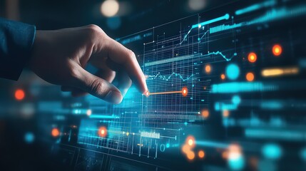 A hand interacting with a digital interface displaying data graphs and glowing light effects on a screen