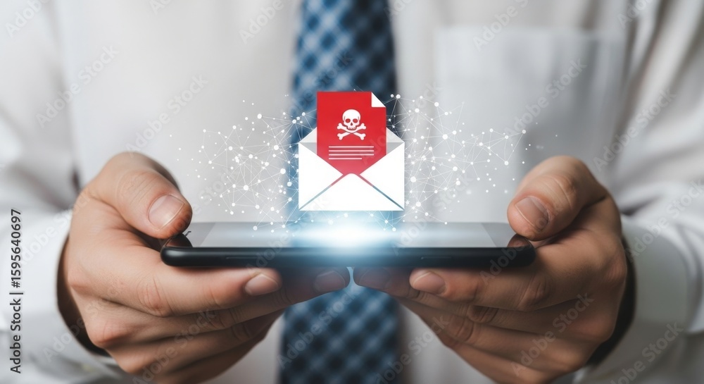 Poster man holding a smartphone displaying a digital envelope with a skull and crossbones symbol, indicatin