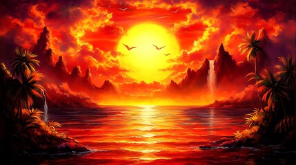 Fiery sunset over a tropical island paradise.