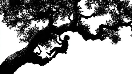 Silhouetted child climbs a massive, gnarled tree; dynamic & contrasted