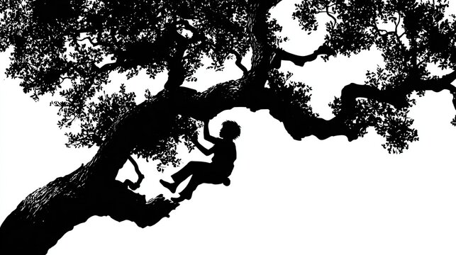 Silhouetted child climbs a massive, gnarled tree; dynamic & contrasted