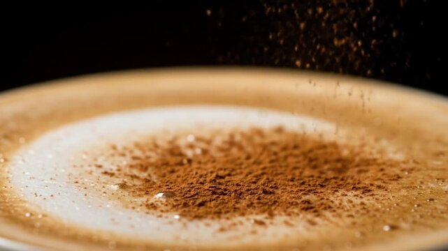 Closeup of cinnamon sprinkling on a foamy cappuccino in a dark setting