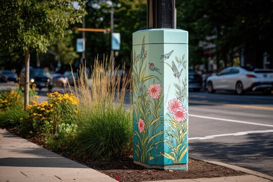 Artistic Electrical Box at Curbside, Flowers & Birds, Street Traffic Background - Powered by Adobe