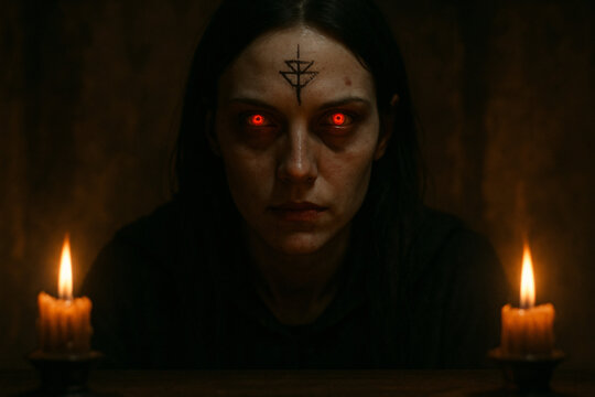 Scary eerie woman with bright red eyes