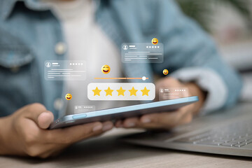 Customer Feedback Review with Five Star Rating on Tablet