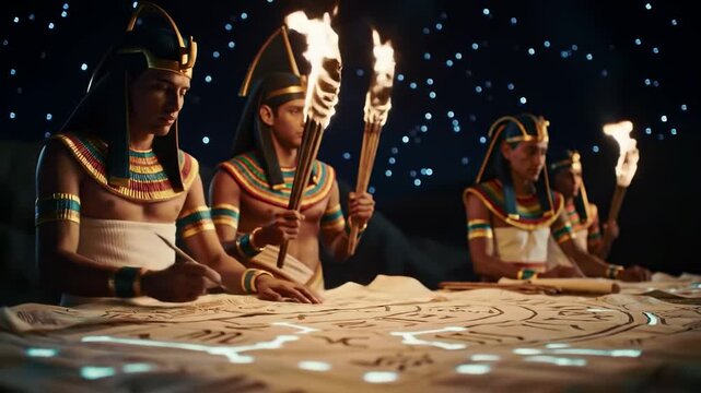 Ancient egyptian scribes working on a large scroll under night sky
