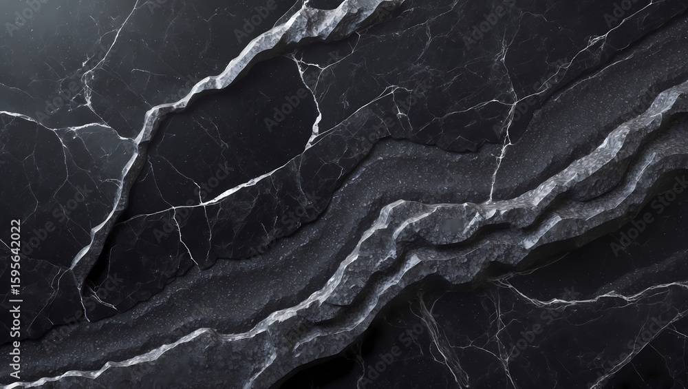 Poster a close-up shot of a black marble stone, its surface etched with intricate patterns and veins. the t