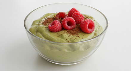 A creamy chocolate avocado mousse served in a clear glass bowl, topped with fresh raspberries and a sprinkle of cacao powder. The white background emphasizes the rich texture and natural ingredients.