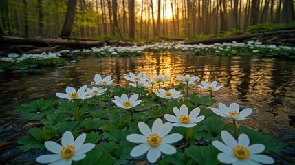 Sunlight streams through forest, reflecting on a creek filled with white flowers