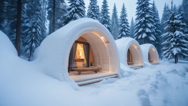 Snowy Forest With Glowing Igloo At Dusk Background. 4k video