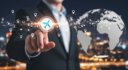 A businessman points to an airplane icon on a digital network connecting to a globe, symbolizing global travel and connectivity