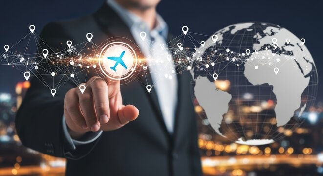 A businessman points to an airplane icon on a digital network connecting to a globe, symbolizing global travel and connectivity
