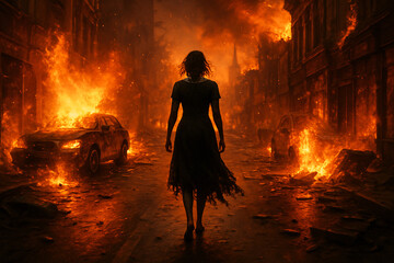 Silhouette woman at burning city ruins