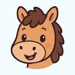 A cheerful cartoon horse head with brown mane and a happy expression.