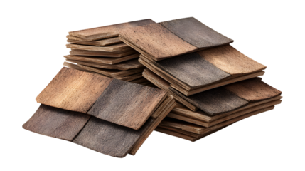 Stacks of weathered square tiles in varying shades of brown and gray against a black background