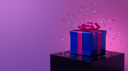 Minimalist 3D render of a beige gift box with red satin ribbon on navy fabric—sleek, modern layout with ample copy space and soft, elegant lighting
