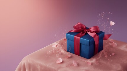 Sleek matte gift box on smooth navy fabric with red ribbon—3D-rendered, side-aligned composition offering stylish visual balance and room for text placement.